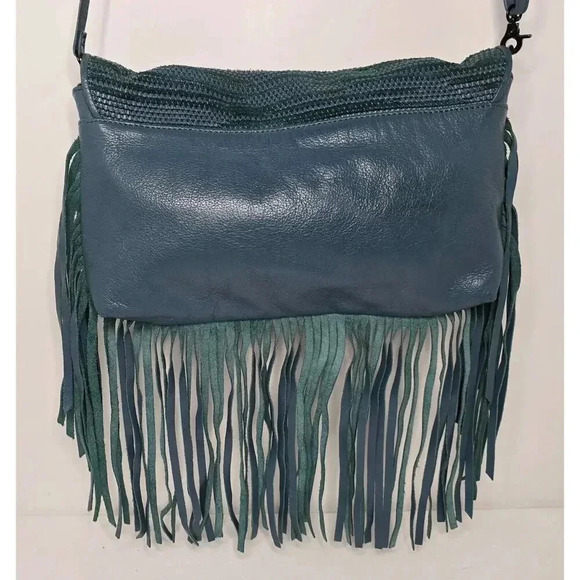 NWOT Elliott Lucca Melaya Bali '89 Crossbody Fringed Teal Leather/Clutch Bag - Picture 4 of 11